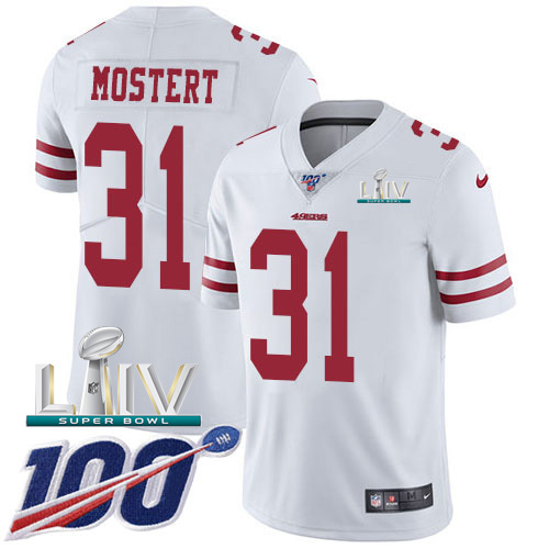 San Francisco 49ers Nike #31 Raheem Mostert White Super Bowl LIV 2020 Men Stitched NFL 100th Season Vapor Untouchable Limited Jersey